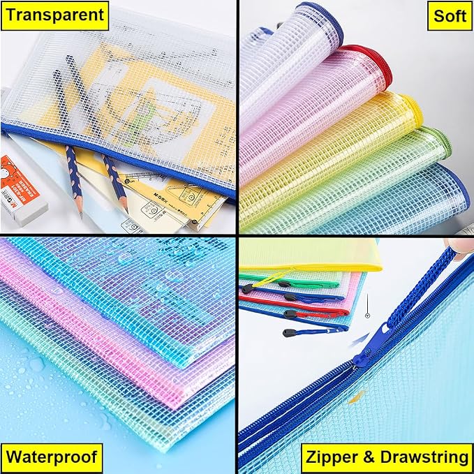 AUSTARK 10 Pcs Zipper File Bags, Waterproof Plastic Mesh Pouch - Image 3