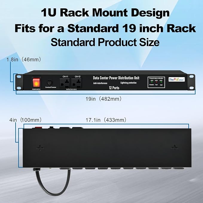 1U PDU Network Servers Surge Protector Power Distribution Unit 12-Outlet - Image 7
