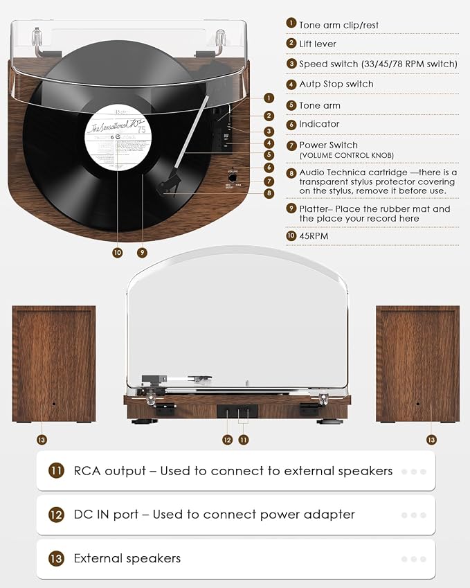 Vinyl Record Player with Dual Stereo Speakers, Belt Drive Turntable with - Image 6