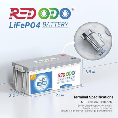 Redodo 12V 200Ah PLUS Lithium LiFePO4 Battery, Max 2560W Power Output, 200A BMS - Image 2