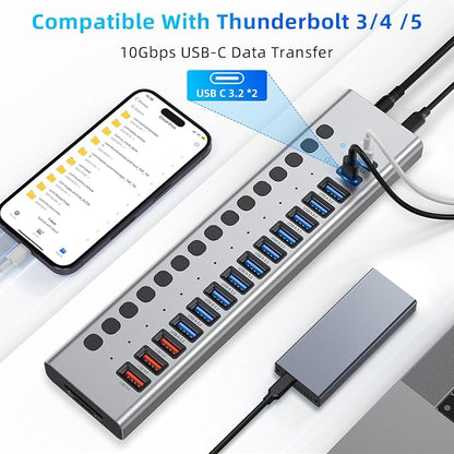 Powered USB Hub 10Gbps, 17 Ports 96W USB 3.2 Hub, 12V/8A Power Adapter - Image 7