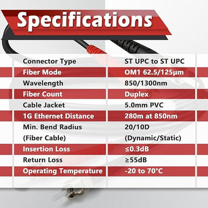 65ft / 20m Outdoor Armored OD-5mm OM1 ST to ST Fiber Cable, ST-ST Fiber Optic - Image 5
