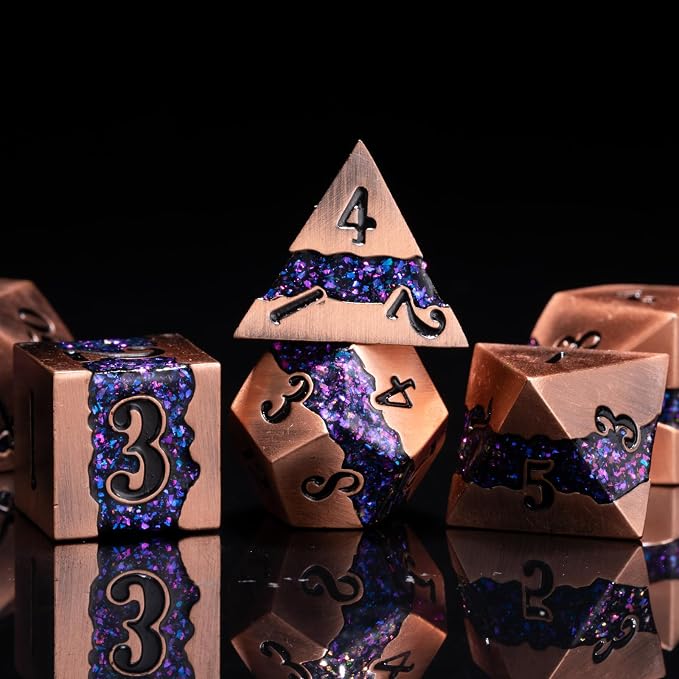 Polyhedral Metal Dice DND, RPG Purple Glitter Stripe Dice Set, Antique Copper - Image 2