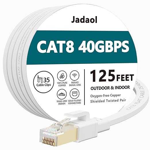 Jadaol Cat 8 Ethernet Cable 125 ft, 40Gbps 2000MHz Flat S/FTP LAN Patch Cable by Jadaol