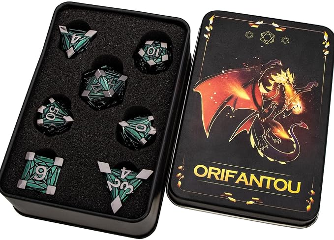 7PCS Metal DND Dice Set with Box, Debris RPG Green D and D Dice - Image 6