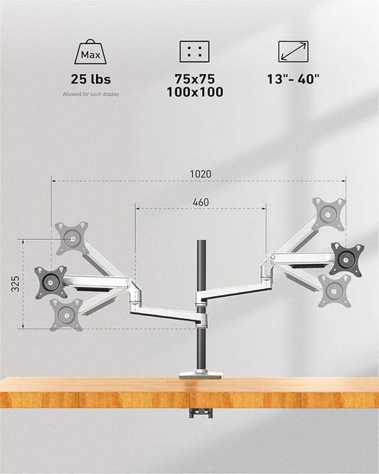 Quad Monitor Mount, Holds Screens up to 40 Inches and 25 lbs, Fully Adjustable - Image 2