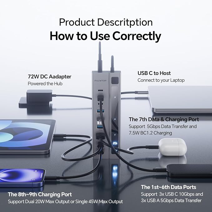 Powered USB C Hub, PULWTOP 11-in-1 Power Hub - Image 7