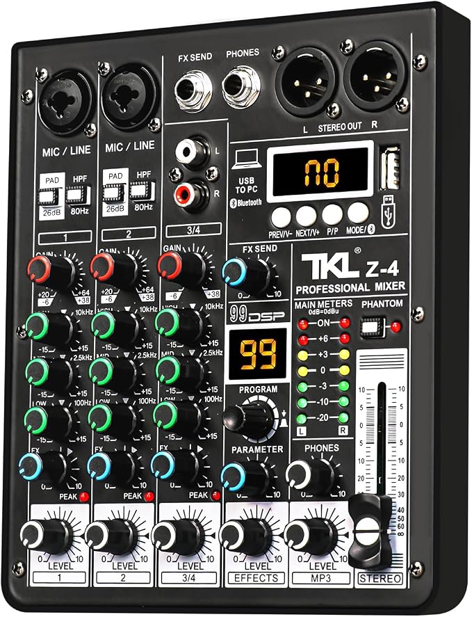 4 Channel Audio Mixer, Professional DJ Mixer Sound Board Mixing Console by TKLBLS