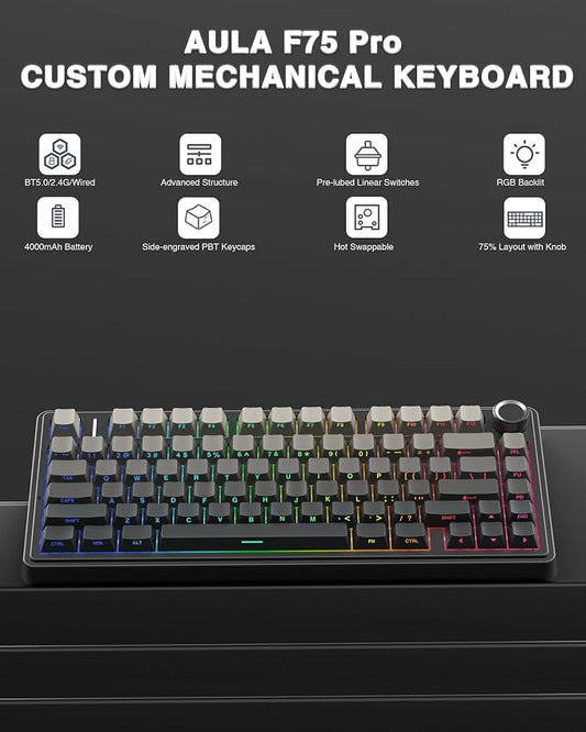 AULA F75 Pro Wireless Mechanical Keyboard, 75% Hot Swappable Custom Keyboard - Image 2