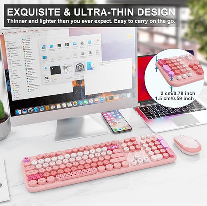 Wireless Keyboard and Mouse Combo, 104 Round Keys Full-Size Cute Colorful Pink - Image 5