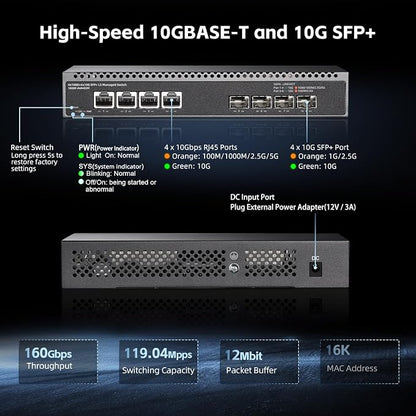8 Port 10 Gigabit Managed Switch, 4x10G RJ45 Ethernet, 4x10G SFP+, 160Gbps - Image 3
