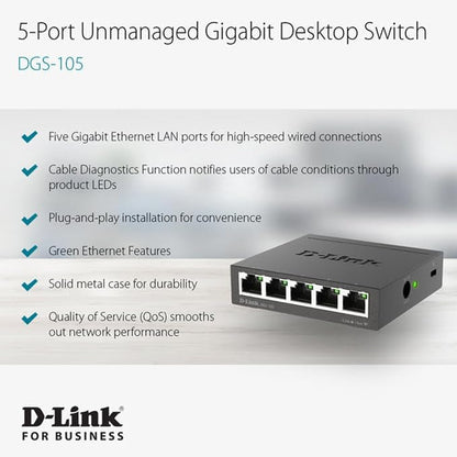 D-Link DGS-105, 5 Port Gigabit Ethernet Switch Unmanaged, Network Splitter - Image 3