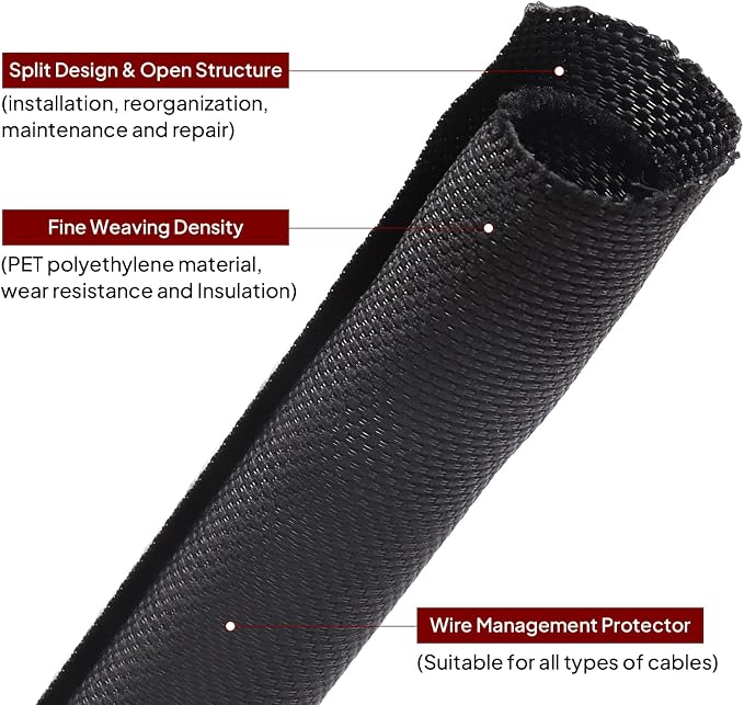 Black Braided Cable Management Sleeves Wire Loom Tubing Cord Protector - Image 3