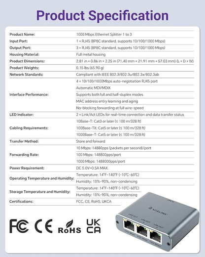 VCELINK Gigabit Ethernet Splitter 1 to 3, 1000Mbps Network Splitter - Image 7