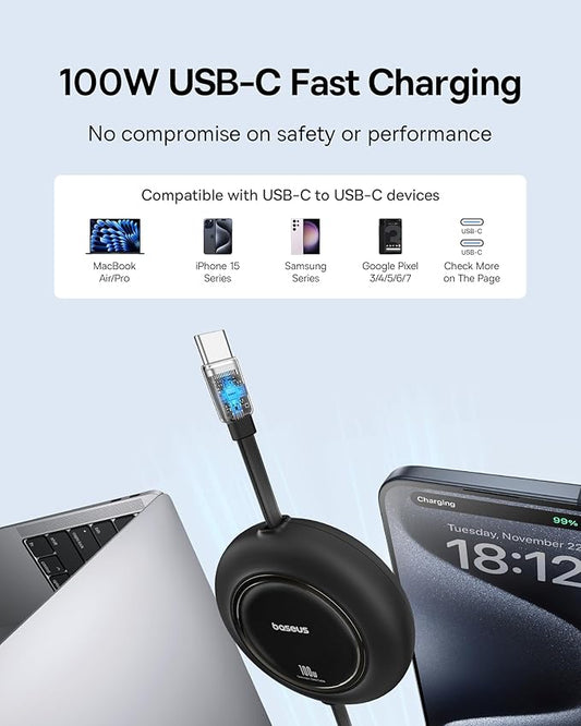Baseus USB C to USB C Cable, 100W 6.6ft Retractable USB C Fast Charging Cable - Image 2
