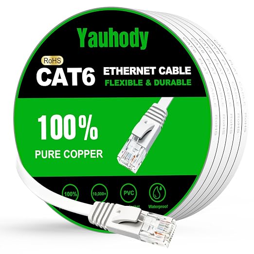Yauhody CAT 6 Ethernet Cable 20ft White, High Speed Solid Flat CAT6 Gigabit by Yauhody