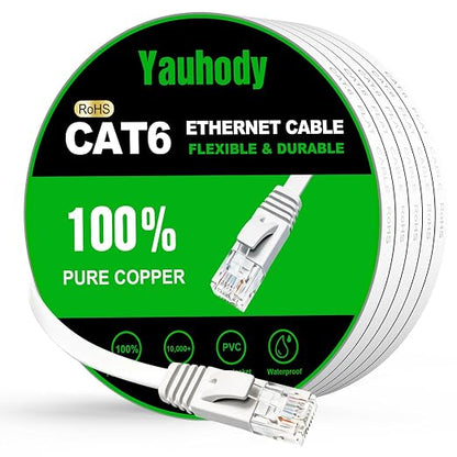 Yauhody CAT 6 Ethernet Cable 100ft White, High Speed Solid Flat CAT6 Gigabit by Yauhody