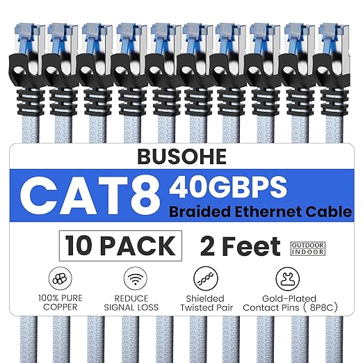 BUSOHE Cat 8 Ethernet Cable 2 FT 10 Pack, Nylon Braided High Speed Heavy Duty by BUSOHE