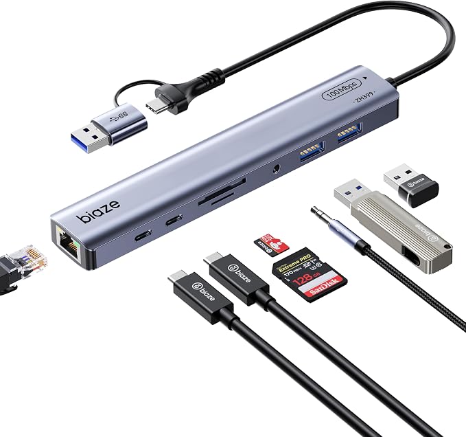 9-in-1 USB/USB C Hub Adapter for MacBook, 3 USB Ports, 100M Ethernet, SD/TF by biaze