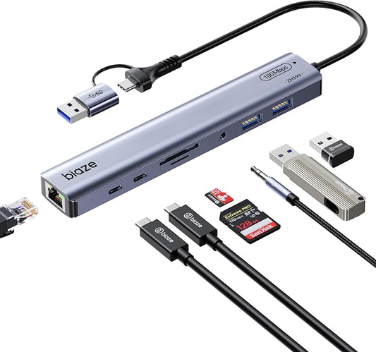 9-in-1 USB/USB C Hub Adapter for MacBook, 3 USB Ports, 100M Ethernet, SD/TF by biaze