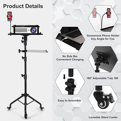 Laptop Tripod on Wheels with 2 Shelves, Portable Projector Floor Stand - Image 6