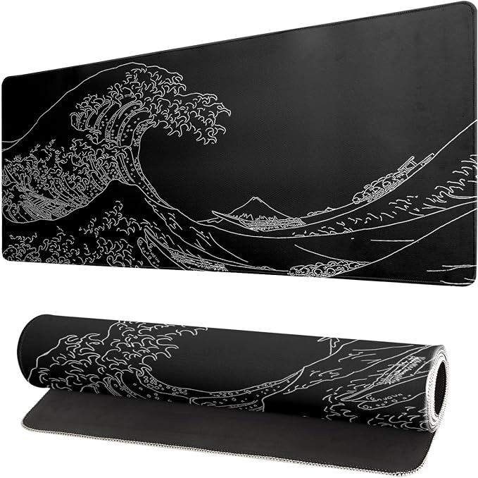 Japanese Sea Wave Large Mouse Pad Abstract Black Mouse Pad 31.5x11.8 Inch Black by Siski