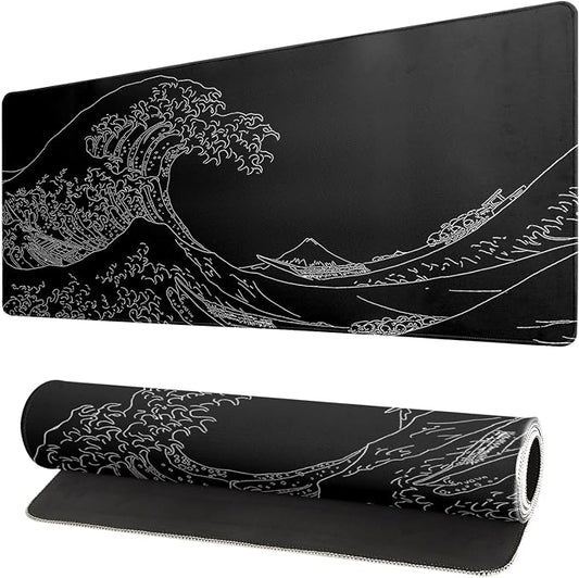 Japanese Sea Wave Large Mouse Pad Abstract Black Mouse Pad 31.5x11.8 Inch Black by Siski