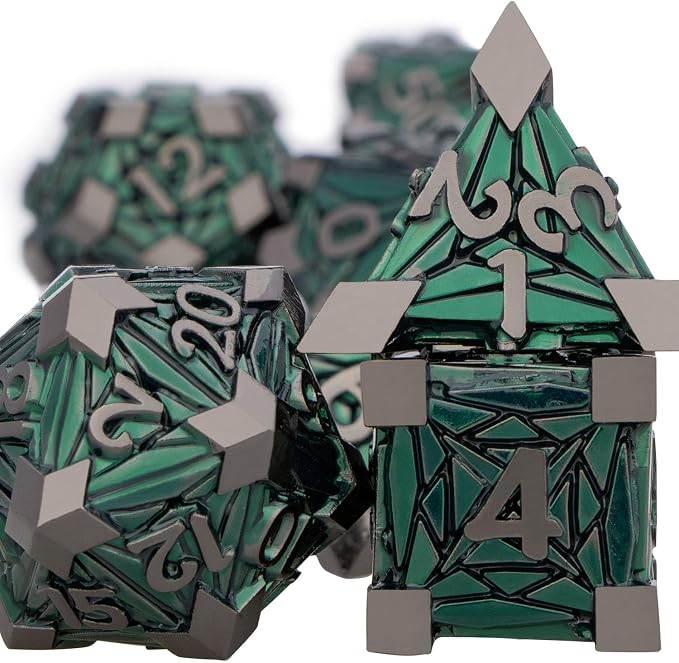 7PCS Metal DND Dice Set with Box, Debris RPG Green D and D Dice - Image 2