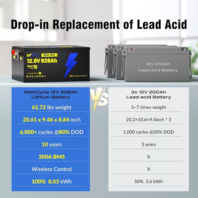 12V 628Ah LiFePO4 Lithium Battery 300A BMS, Built-in Bluetooth 5.0, Full Metal - Image 2