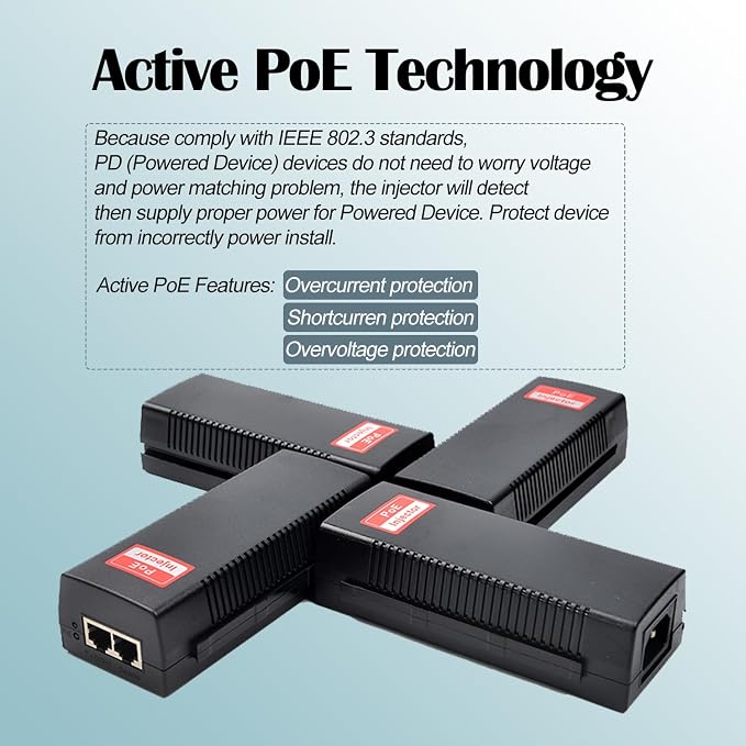 Revotech 30W PoE Injector Adapter Gigabit, IEEE 802.3 at/af 48V DC Passive POE+ - Image 3