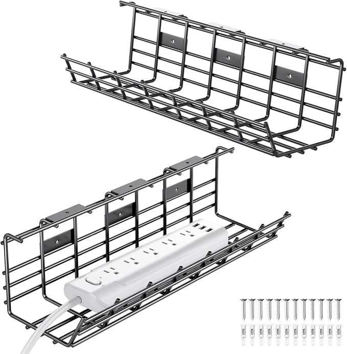 2 Pack DELAMU Under Desk Cable Management Tray, Large Metal Cord Organizer by DELAMU