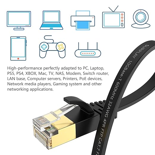 Cat7 10FT Ethernet Cable Flat-Black-10Gbps Ultra Slim High Speed Double Shielded - Image 6