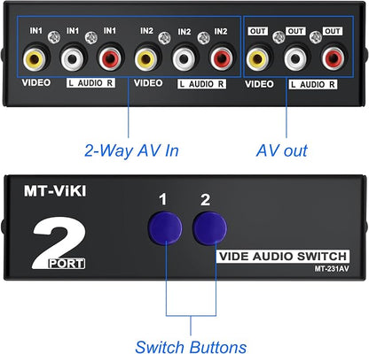 MEIRIYFA 2 Way AV RCA Switcher Splitter 2 in 1 Out, 2 Port AV RCA Switch 2-in-1 - Image 6