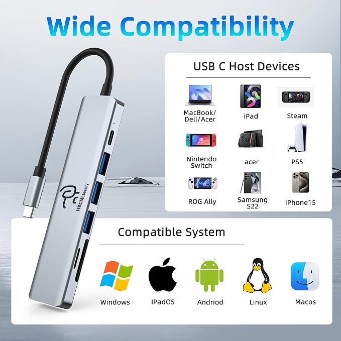 USB C Hub 7-in-1, 4K HDMI, 100W PD Charging, USB 3.0/2.0 Ports, SD/TF Reader - Image 7