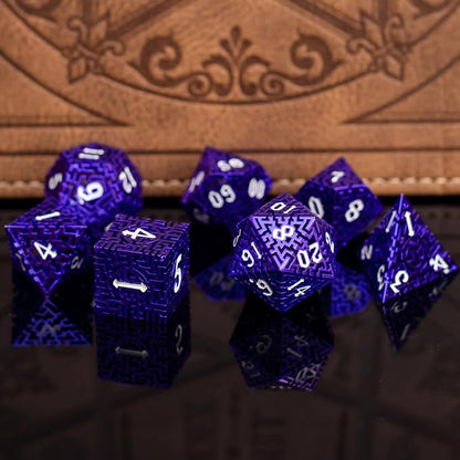 Purple Metal Hollow DND Dice Set Metallic Luster Maze Design - Image 2