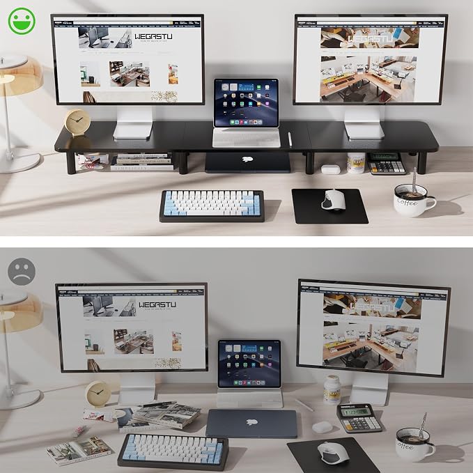 43.7" Extra Long Dual Monitor Stand Riser, Wood & Steel Monitor Stand - Image 4