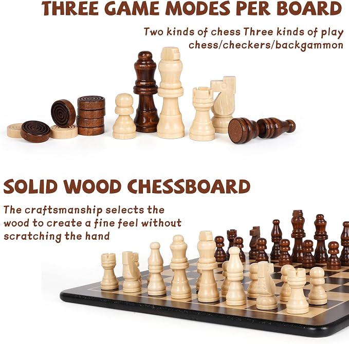 3-in-1 Wooden Chess, Backgammon Set and Checkers Set- 12 Inch Portable Board - Image 3