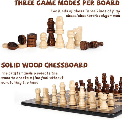 3-in-1 Wooden Chess, Backgammon Set and Checkers Set- 12 Inch Portable Board - Image 3