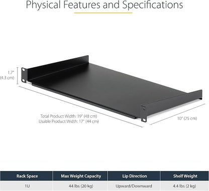 StarTech.com 1U Fixed Server Rack Mount Shelf - 10in Deep Steel Universal - Image 2
