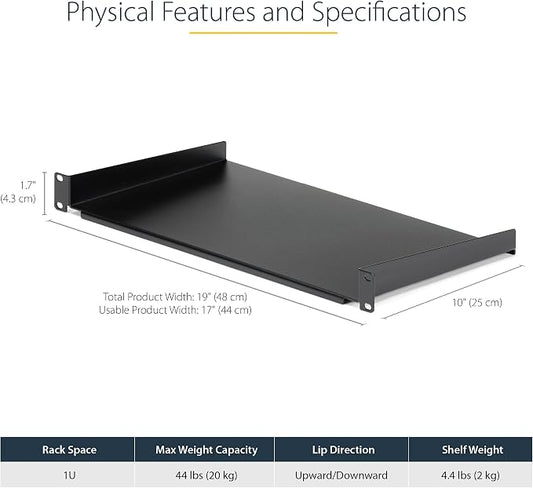 StarTech.com 1U Fixed Server Rack Mount Shelf - 10in Deep Steel Universal - Image 2
