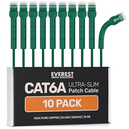Everest Ultra Slim Cat6a Ethernet Patch Cables 15ft Green by EverestMediaSolutions