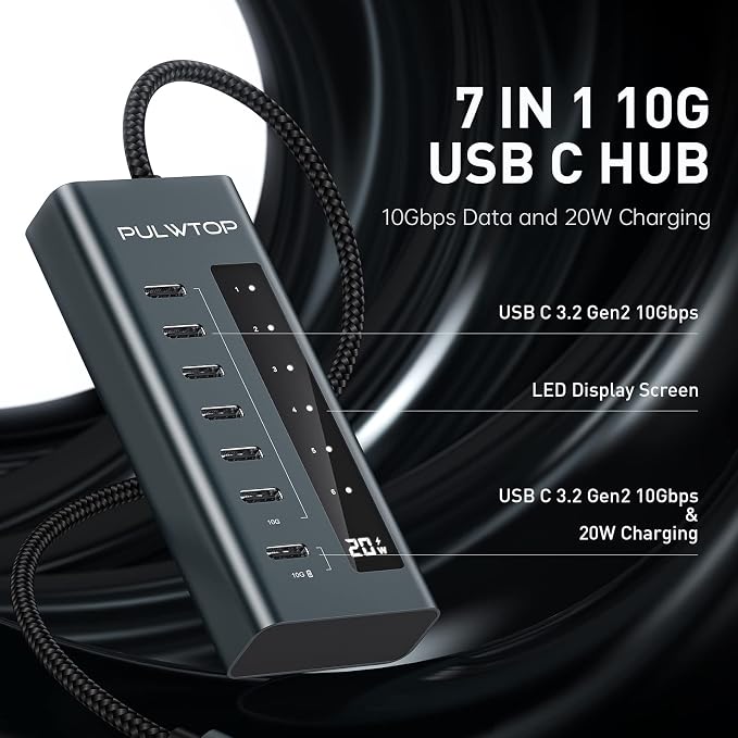 USB C Hub for Laptop, 7 in 1 10Gbps USB Adapter Support Data & Charging - Image 2