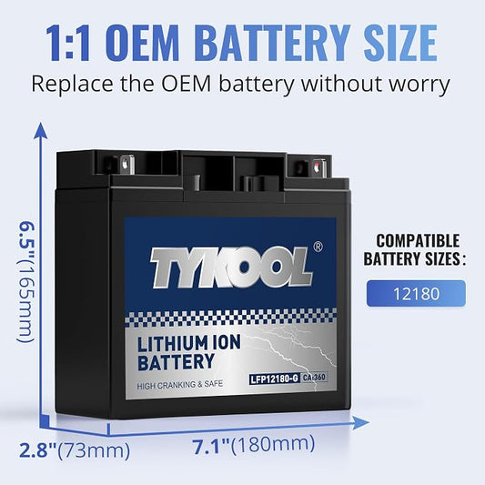 TYKOOL 12180-G LiFePO4 Powersports Battery, Built in BMS, Compatible - Image 2