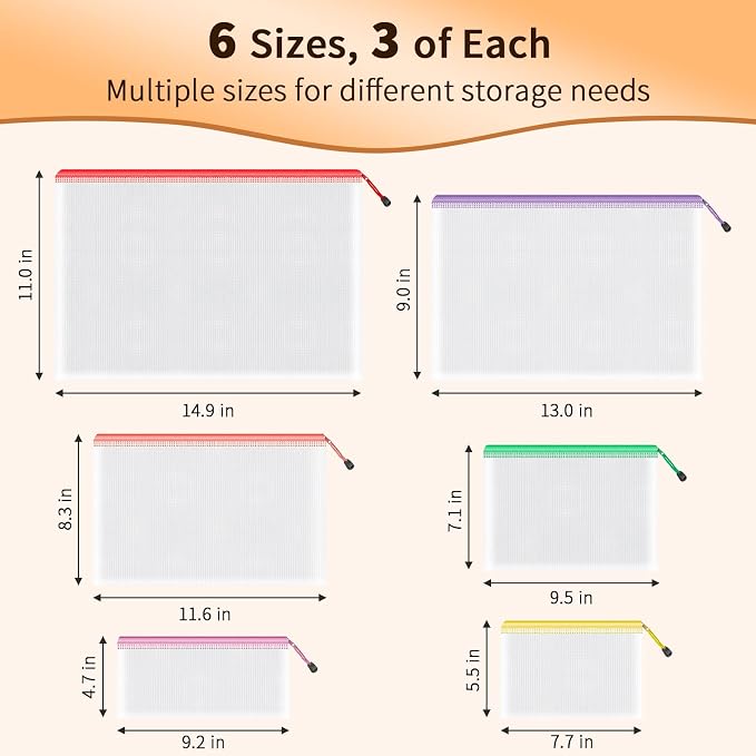Umriox Zipper Mesh Document Pouch, 6 Assorted Size, Waterproof Zipper Pouches - Image 2