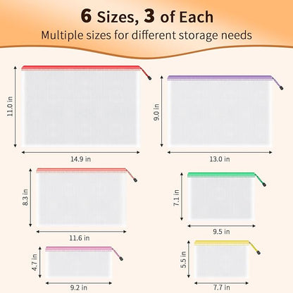 Umriox Zipper Mesh Document Pouch, 6 Assorted Size, Waterproof Zipper Pouches - Image 2