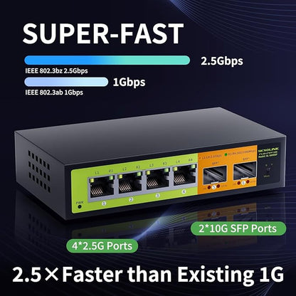 6 Port 2.5G Unmanaged Switch, 4×2.5G RJ45 + 2×10G SFP+, Fanless Metal, - Image 7