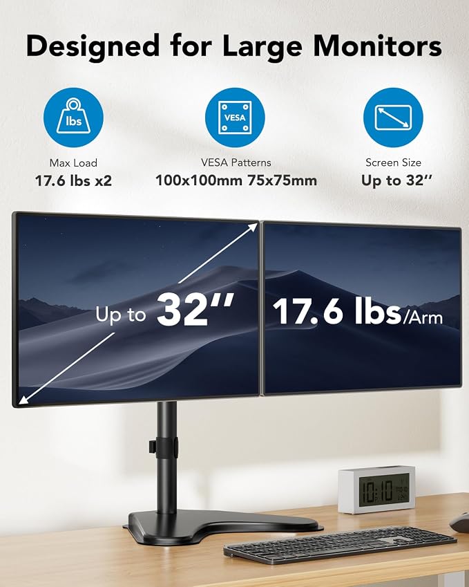 HUANUO 32 inches Dual Monitor Stand up to 17.6lbs per Arm, High-Grade Aluminum - Image 2