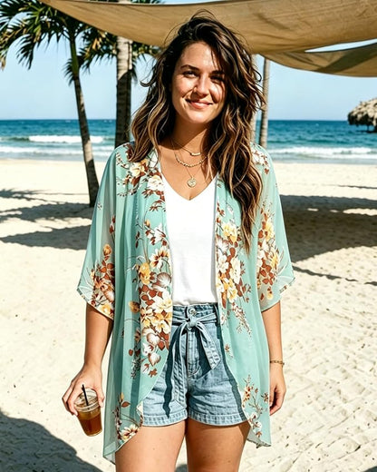 Women's Floral Print Puff Sleeve Kimono Cardigan Loose Cover Up Casual Blouse - Image 2