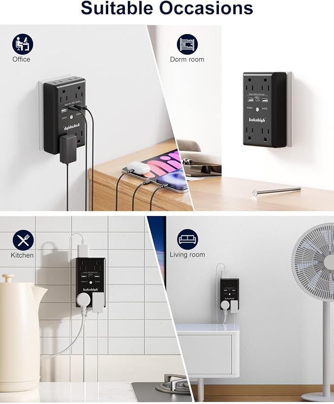 Black Wall Power Strip, 8 Way Outlets - Image 7