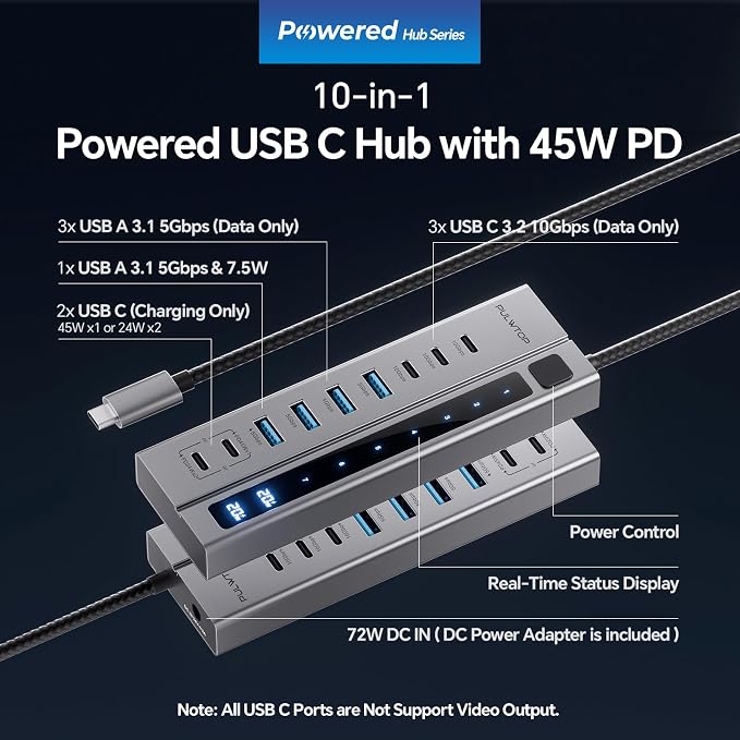 Powered USB C Hub, PULWTOP 11-in-1 Power Hub - Image 2
